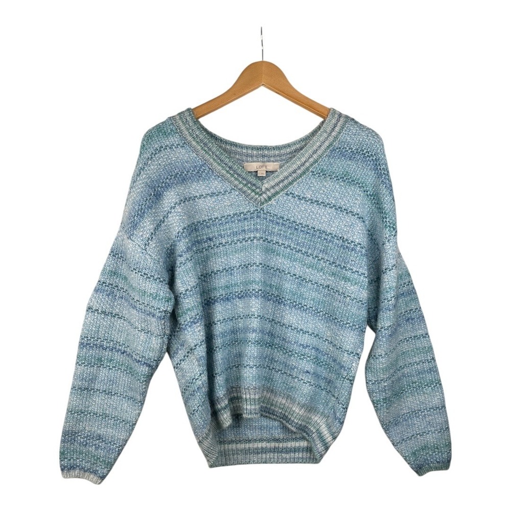 LOFT Women's V Neck Shimmer Marled Cozy Sweater Size Small Blue Stripes